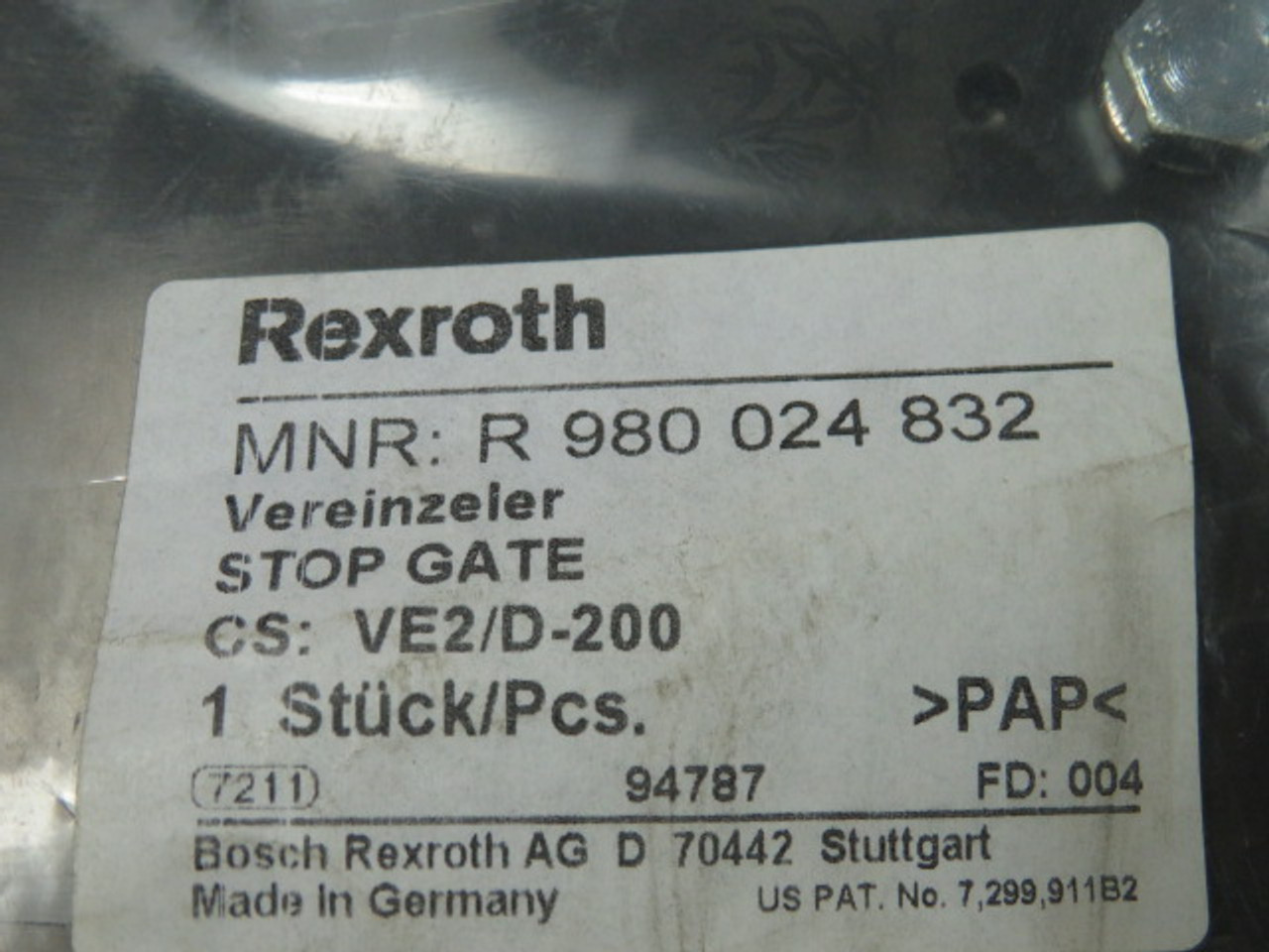 Rexroth R-980-024-832 Pneumatic Stop Gate Type VE2/D-200 ! NWB !