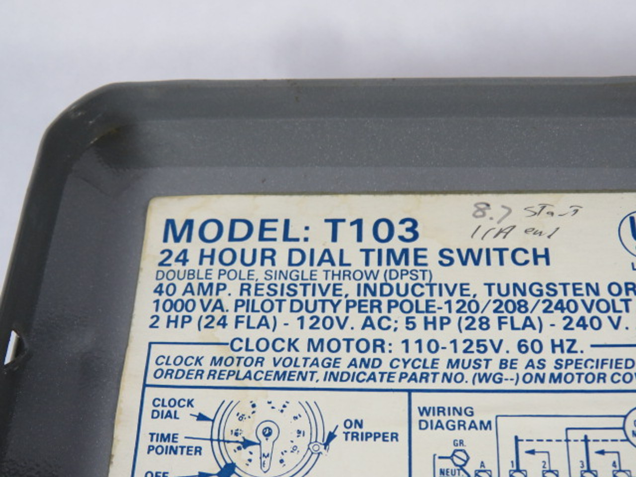 Intermatic T103 24 Hour Dial Time Switch 110-125V 60HZ 40A 2HP USED