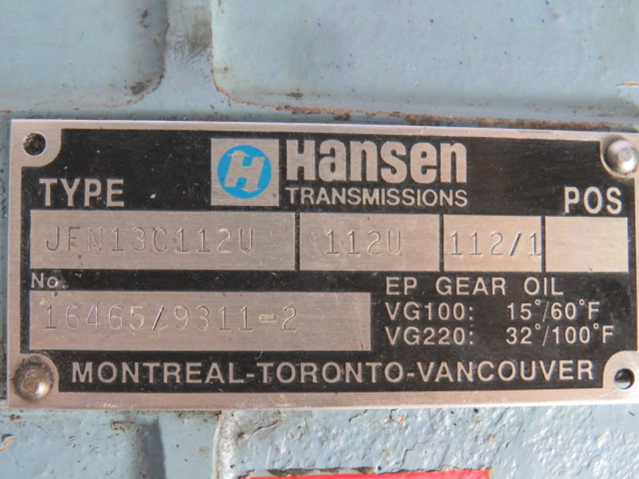 Hansen Transmissions JFN13C112U Gear Reducer 112:1 Ratio USED