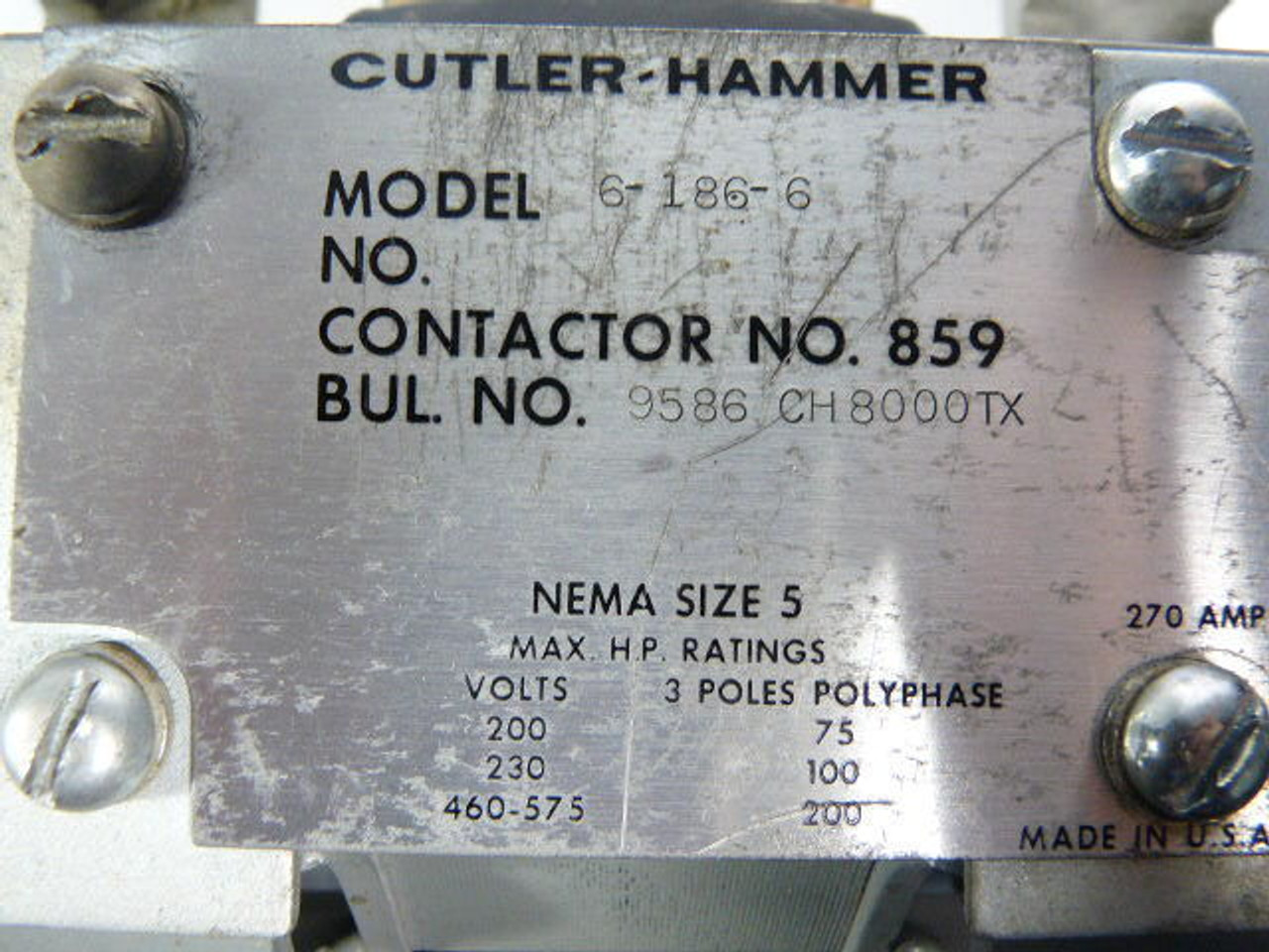 Cutler Hammer 9586CH8000TX 6-186-6 Contactor Nema Sz 5 3P 270A 575V USED