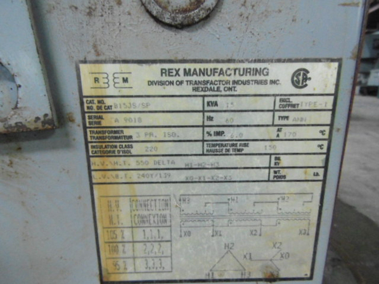 Rex Manufacturing B15JS/SP Transformer 15kVA Pri 550D Sec 240Y/139V 3Ph USED