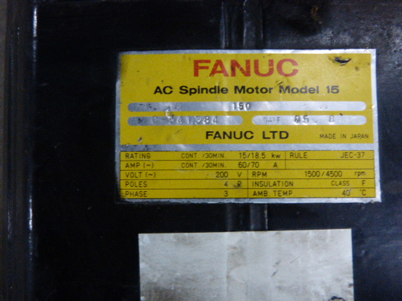 Fanuc AC Spindle Motor 15/18.5kW 1500/4500RPM 200V 3Ph 60/70A USED