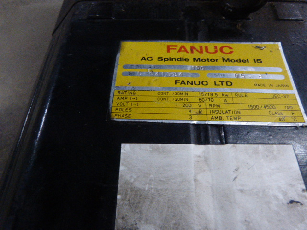 Fanuc AC Spindle Motor 15/18.5kW 1500/4500RPM 200V 3Ph 60/70A USED