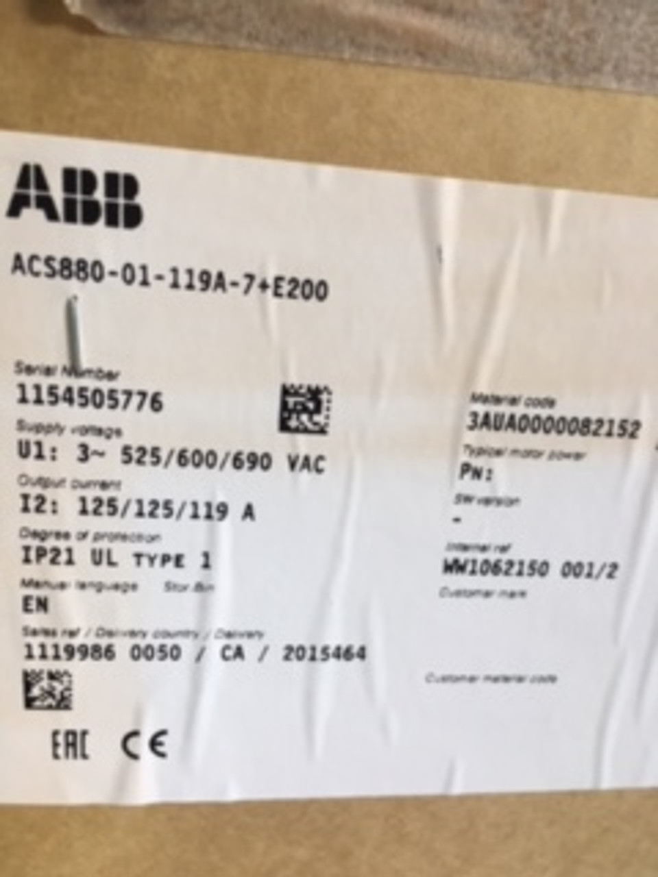 ABB ACS880-01-119A-7-E200 Wall Mounted Ac Drive 50/60Hz 3Ph 119A 690V ! NEW !