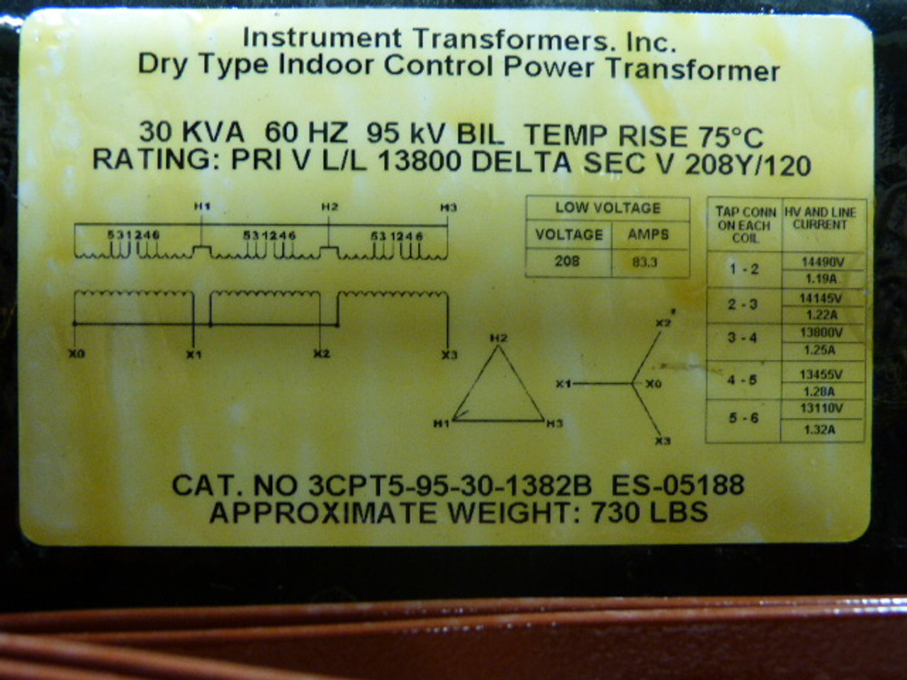 Instrument Transformers 3CPT5-95-30-1382B 30kVA Pri 13800D Sec 208Y/120V ! NOP !