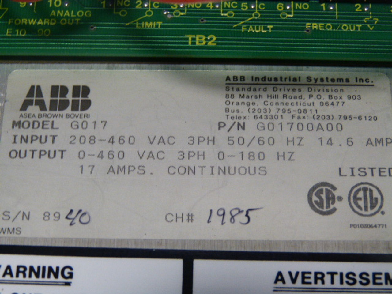 ABB G01700A00 Drive 17A 3Ph 460VAC USED