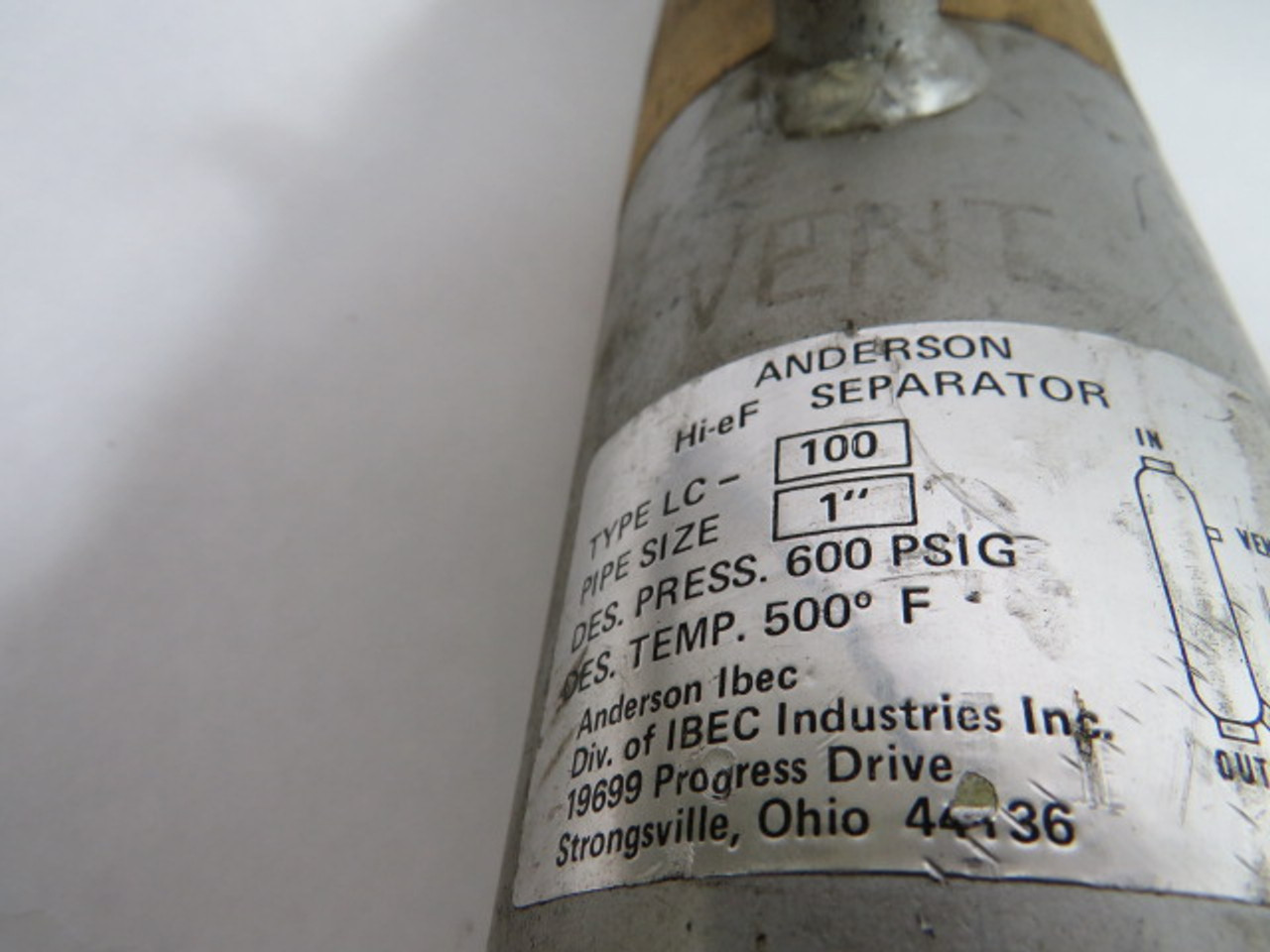 Anderson LC-100 Separator 1" Pipe 3-1/4" Dia 1/4" Vent 3/4" Drain 600PSI USED