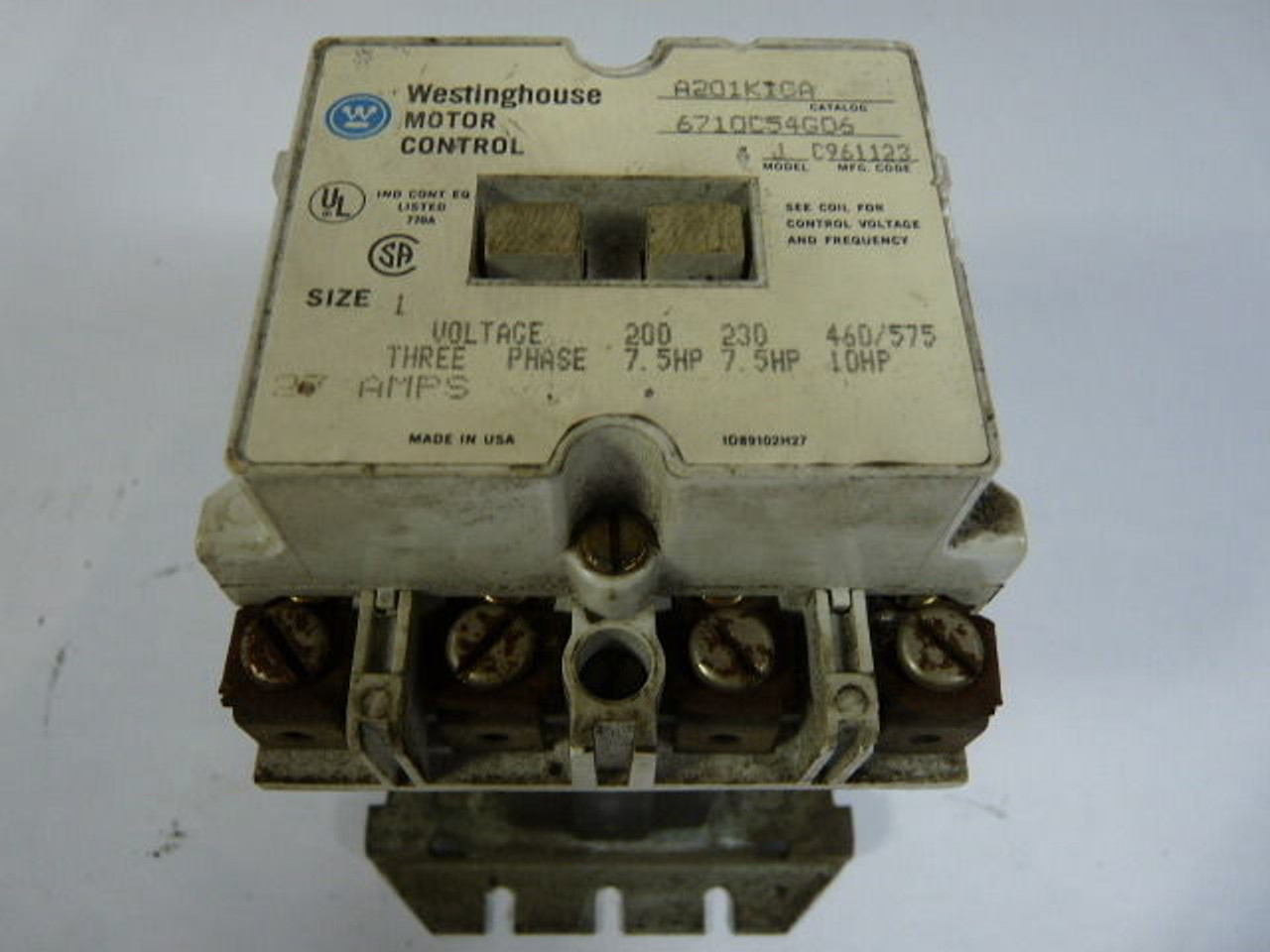 Westinghouse A201K1CA Contactor Size-1 27Amp 3Pole 120Vac Open J-Series USED