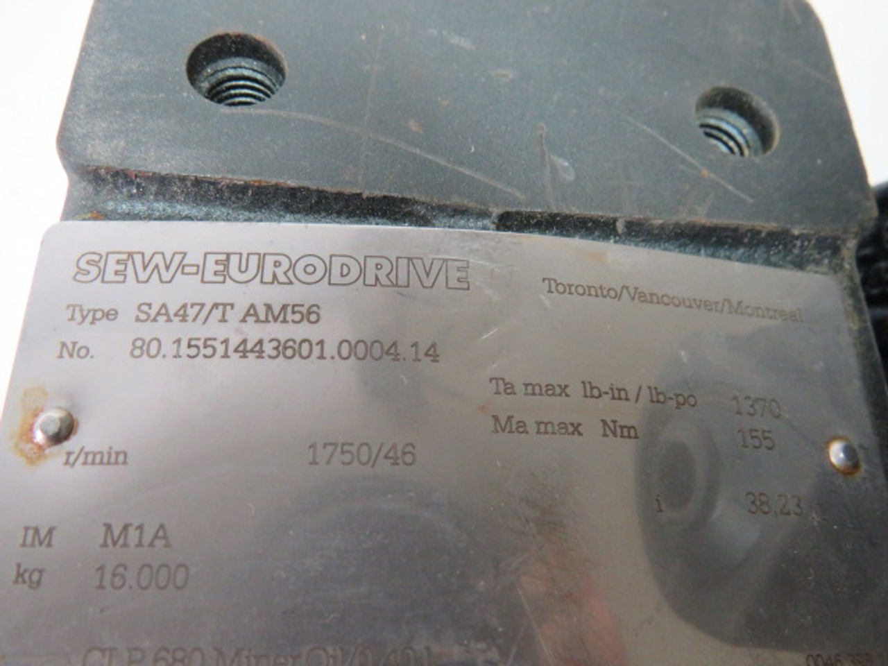 Sew-Eurodrive SA47/T 38.23:1 Ratio 1370lb-in 155Nm 1750/46RPM USED