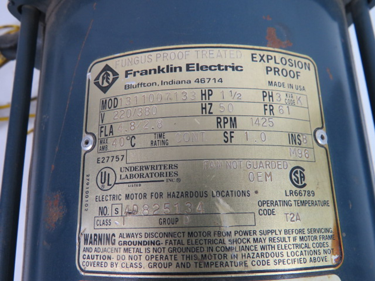 Franklin Electric 1-1/2HP 1425RPM 230/380V 61 3PH 4.8/2.8A 50Hz USED