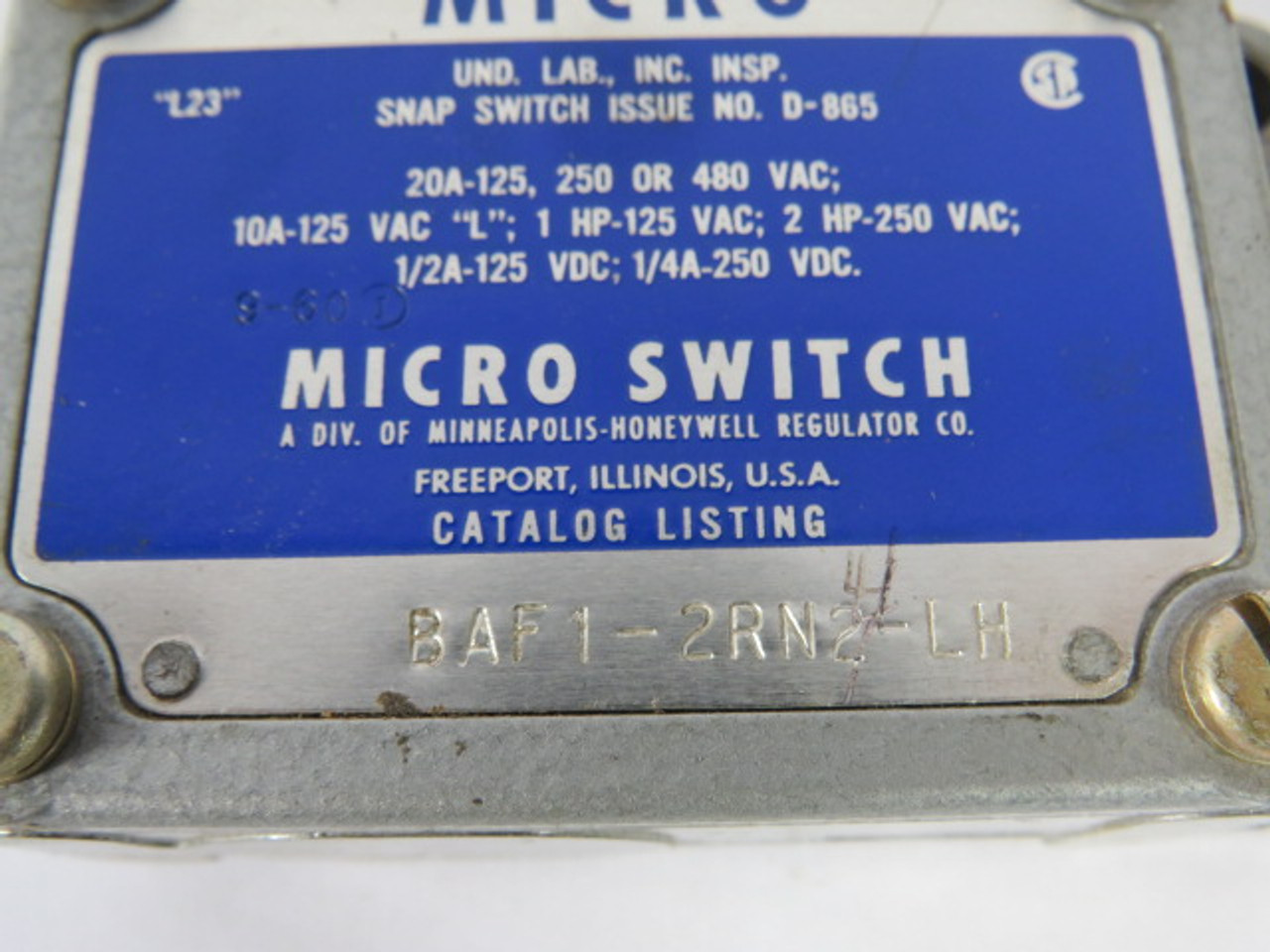 Micro Switch BAF1-2RN2-LH Limit Switch 20A 125/250/480VAC USED