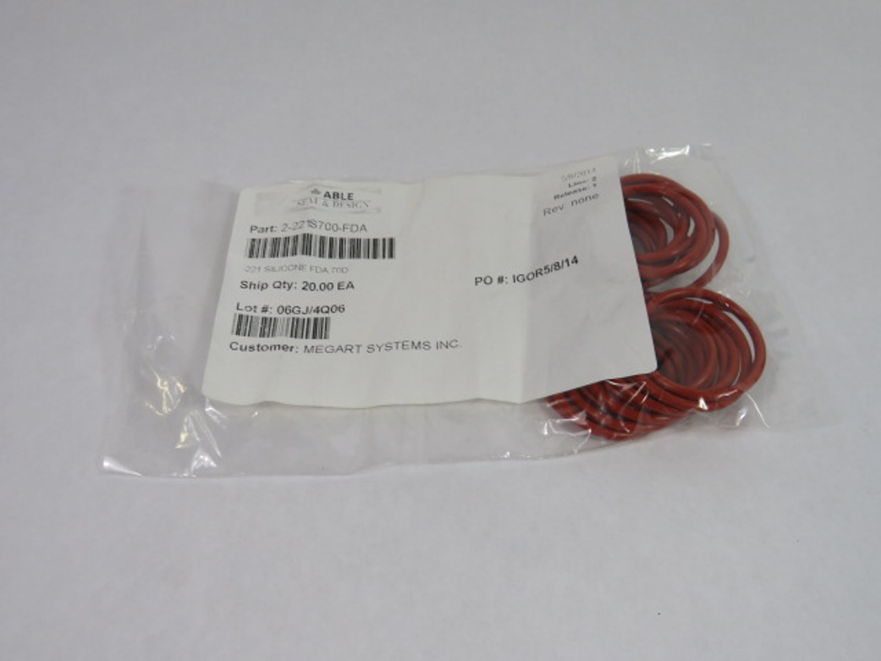 Able Seal 2-221S700-FDA Silicon O-Ring 36.09mm ID 43.15mm OD 20-PK ! NWB !