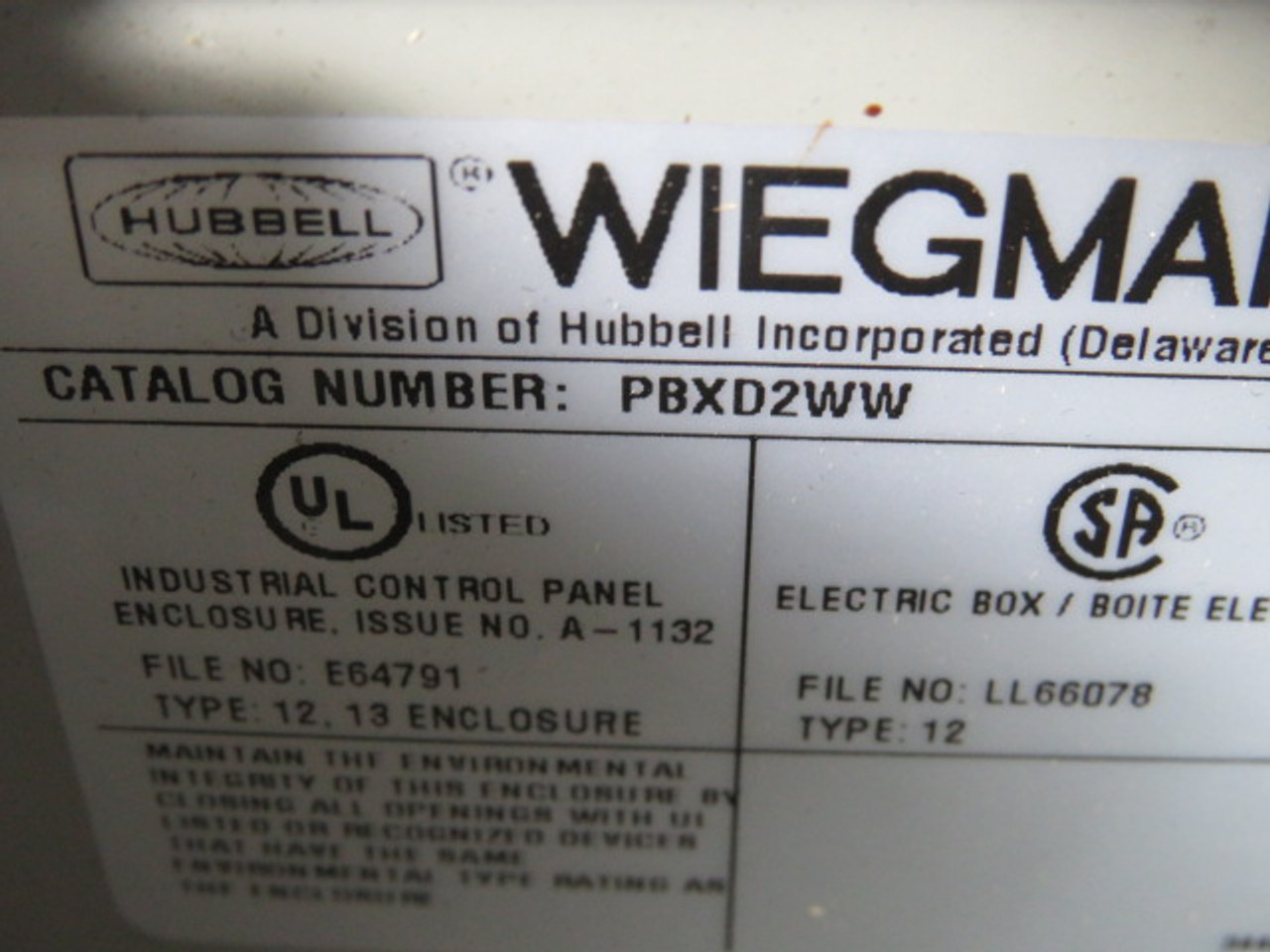 Wiegmann PBXD2WW Industrial Control Panel Enclosure USED