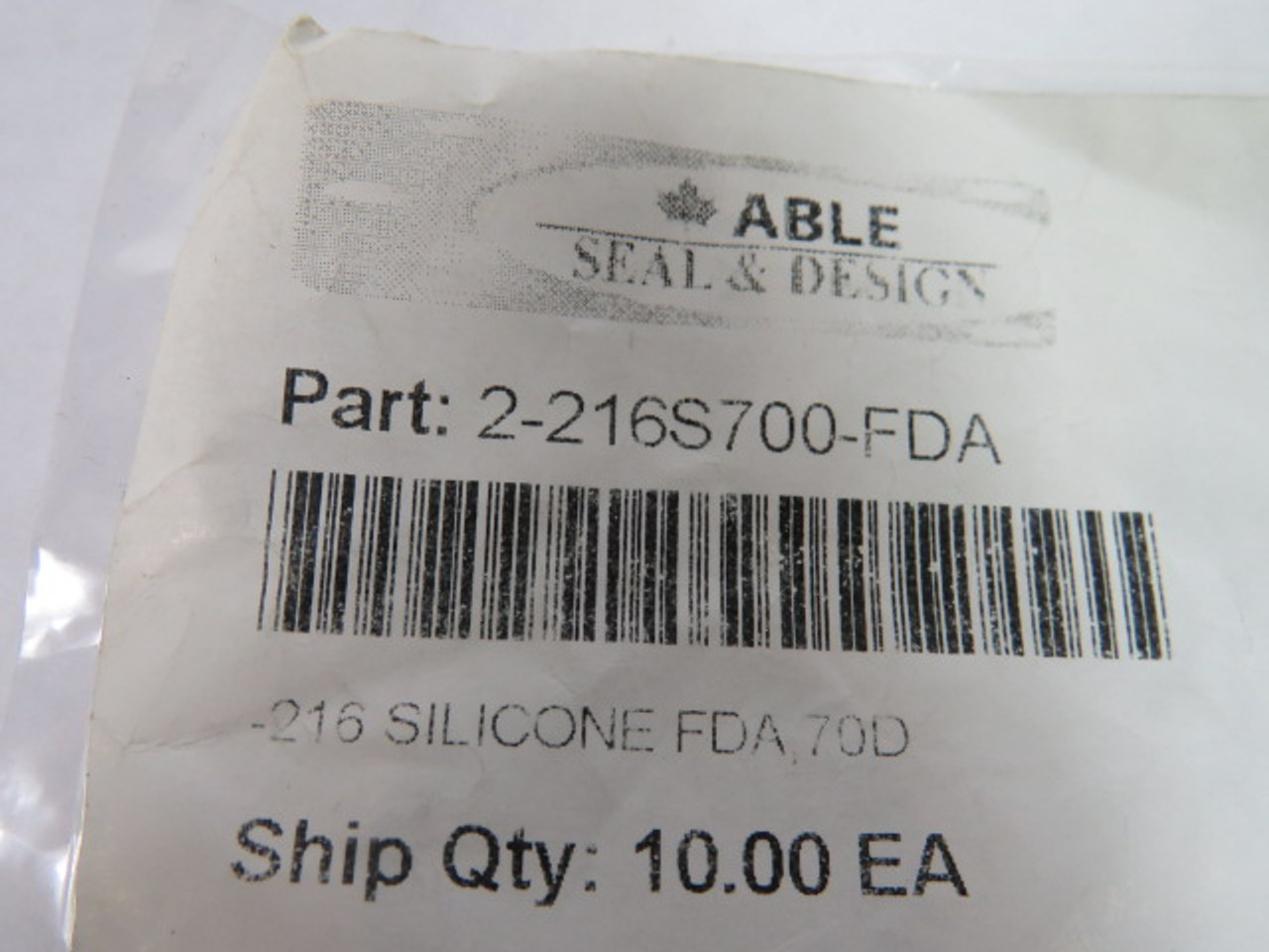 Able Seal 2-216S700-FDA Silicon O-Ring 28.17mm ID 35.23mm OD 10-PK ! NWB !