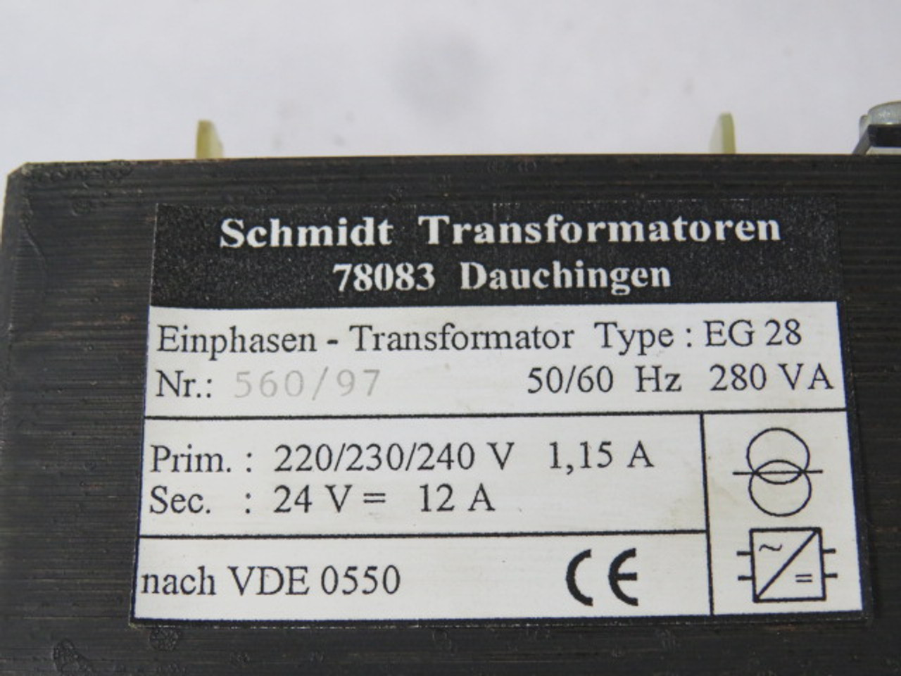 Schmidt Transformer 280VA Pri 220/230/240V 1.15A Sec 24V 12A 50/60Hz USED