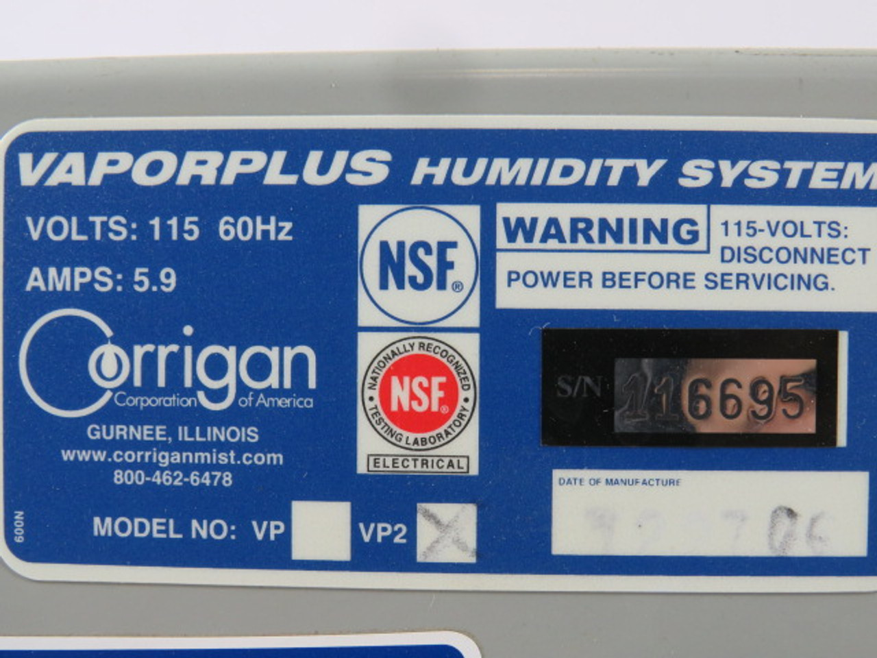 Corrigan Corp VP2 Vapor Plus Humidity System 115V 60Hz 5.9A C/W Pump USED
