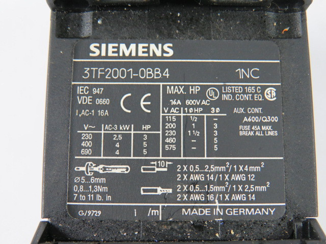 Siemens 3TF2001-0BB4 Contactor 24VDC 16A 3P 3NO 1NC MISSING FACE PLATE USED