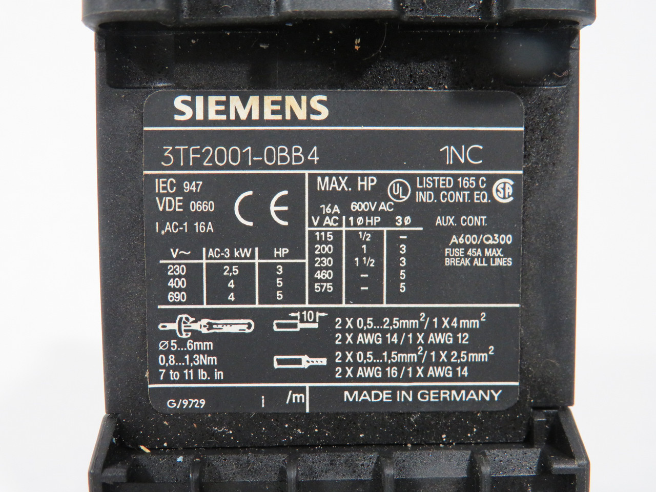 Siemens 3TF2001-0BB4 Contactor 24VDC 9A 3P 3NO 1NC USED