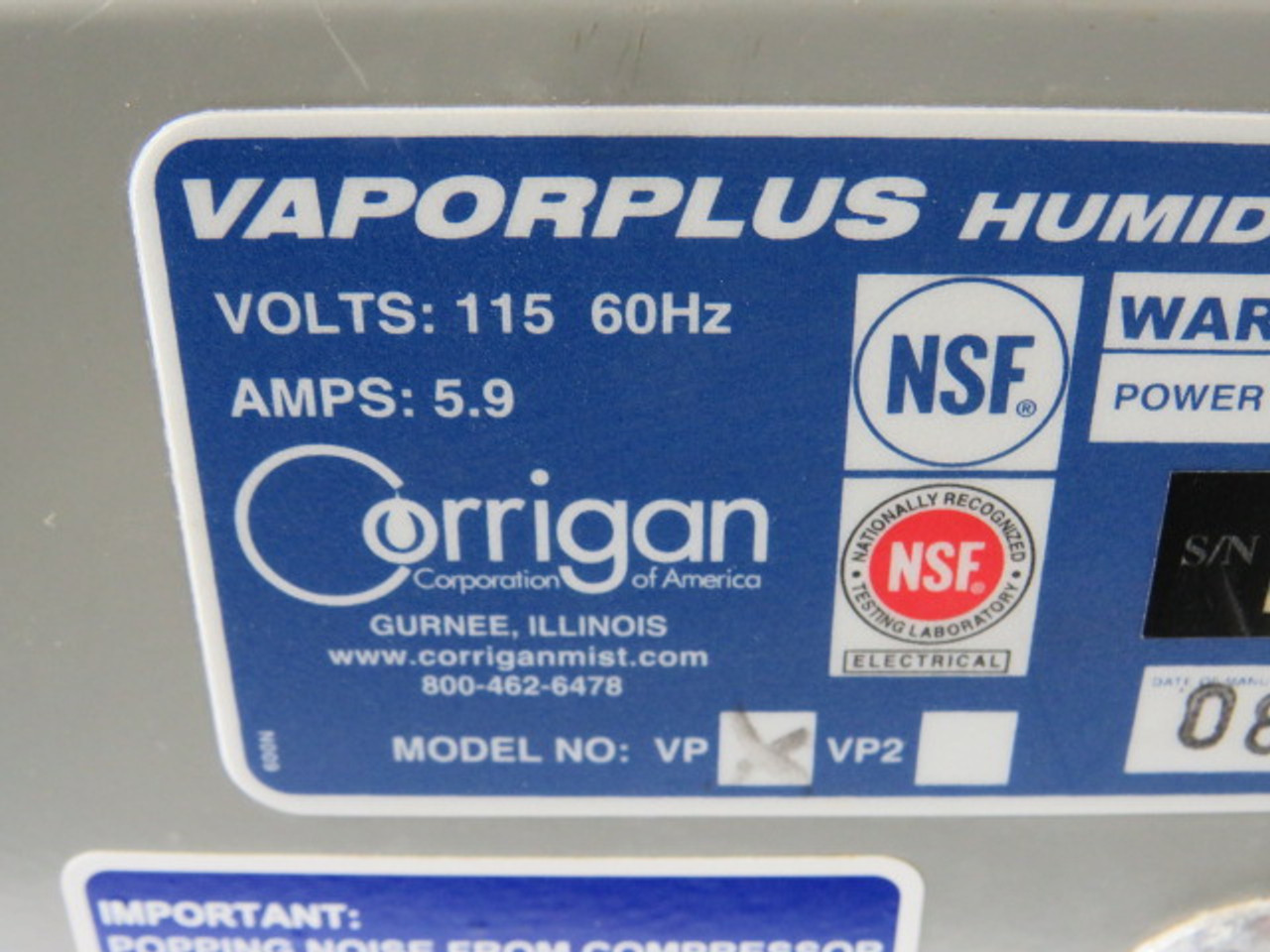 Corrigan Corp VP Vapor Plus Humidity System 115V 60Hz 5.9A C/W Pump USED