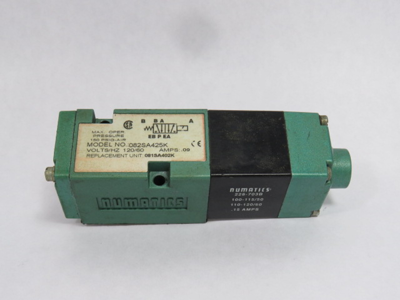 Numatics 082SA425K Solenoid Valve 120V 60Hz .09A 150PSI *NO BASE* ! AS IS !