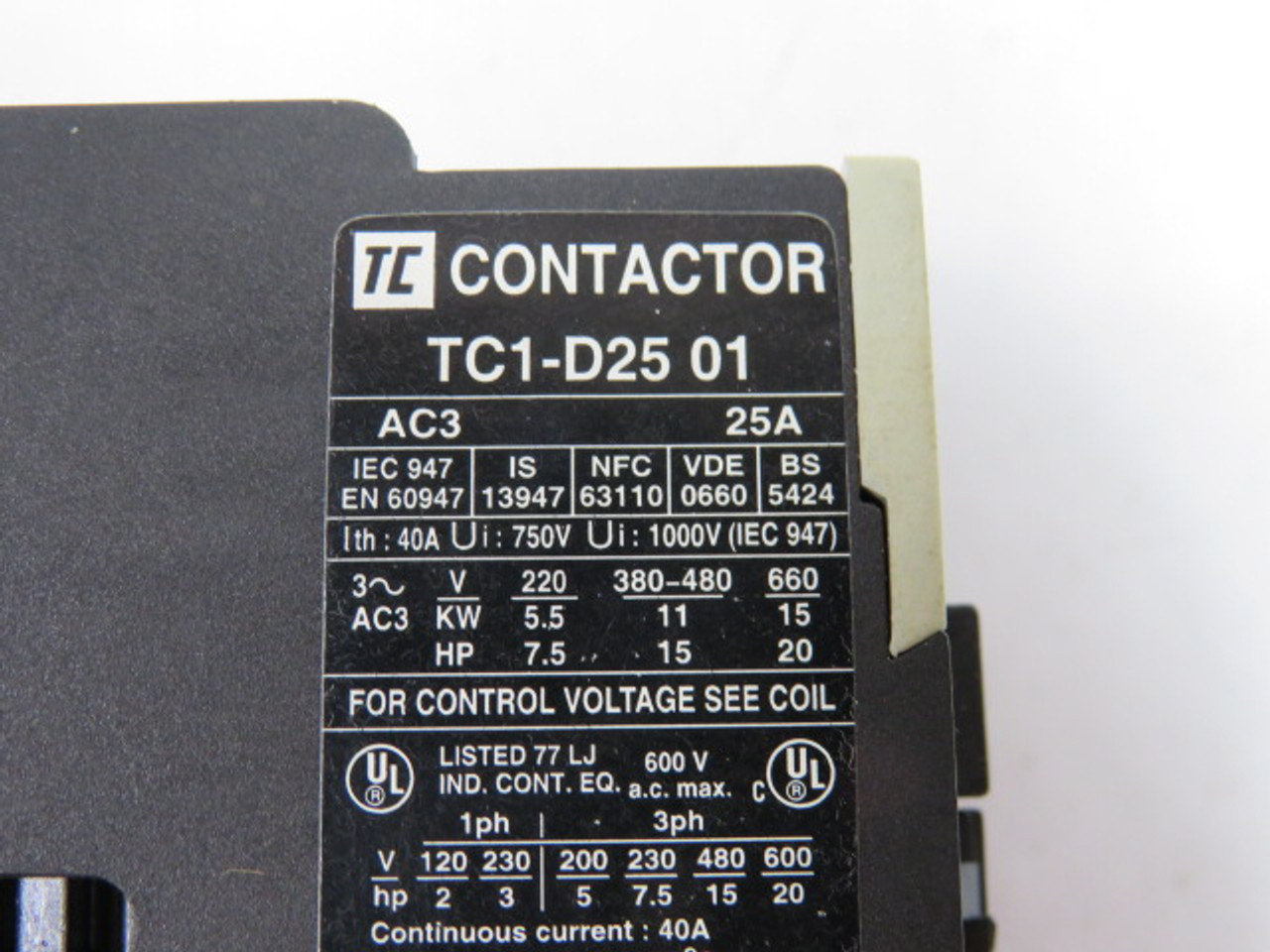 TC Electric TC1-D2501G7 Contactor 120V 50/60Hz. USED