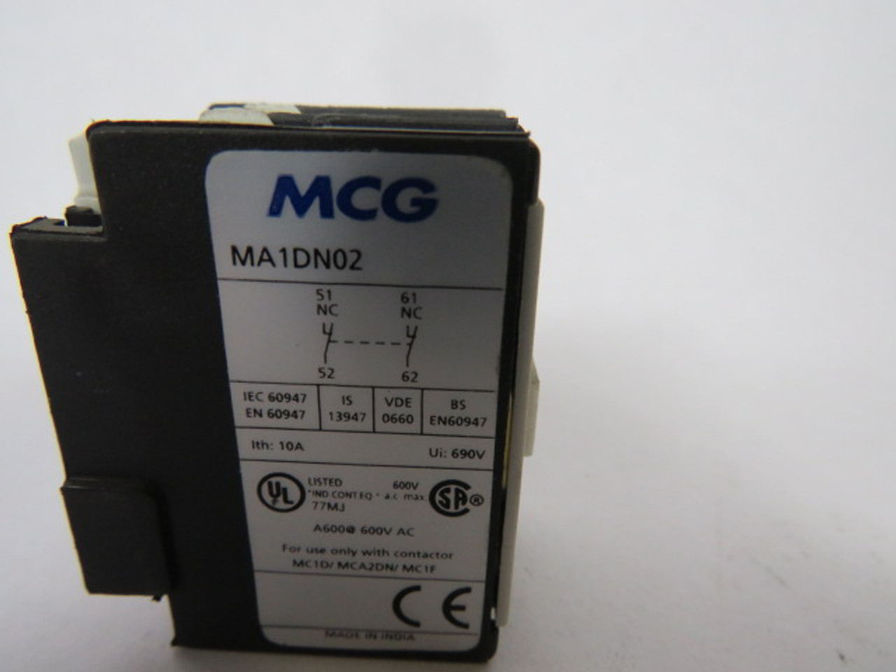 MCG MA1-DN02 Contact Block 2NC 600VAC USED