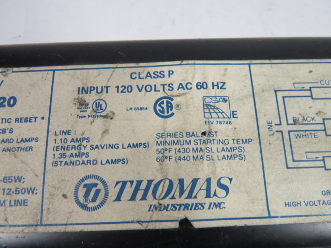 Thomas ETS-296-120 Energy Saving Ballast 120V 1.35A 60Hz. USED