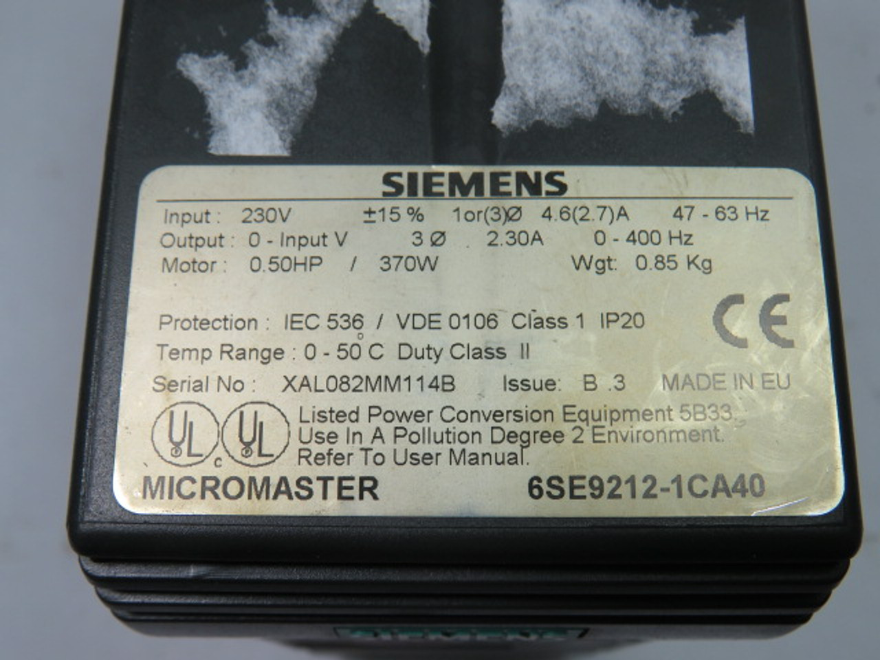 Siemens 6SE9212-1CA40 Drive 0.50Hp 3Ph 230V 4.6A 47-63Hz USED