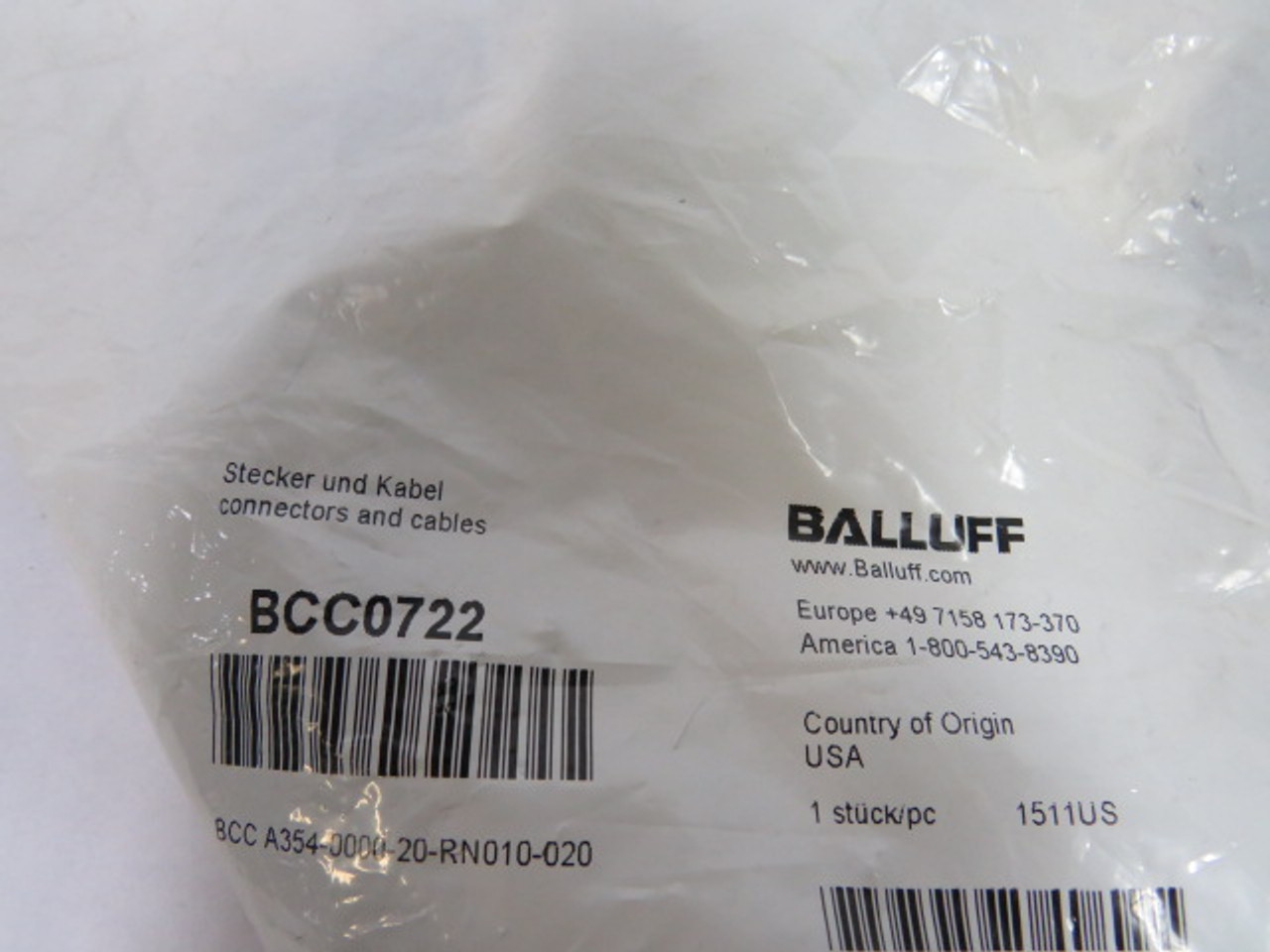 Balluff BCC0722 7/8" Male 4Pole Connector Cable 600VAC/DC 10A ! NWB !