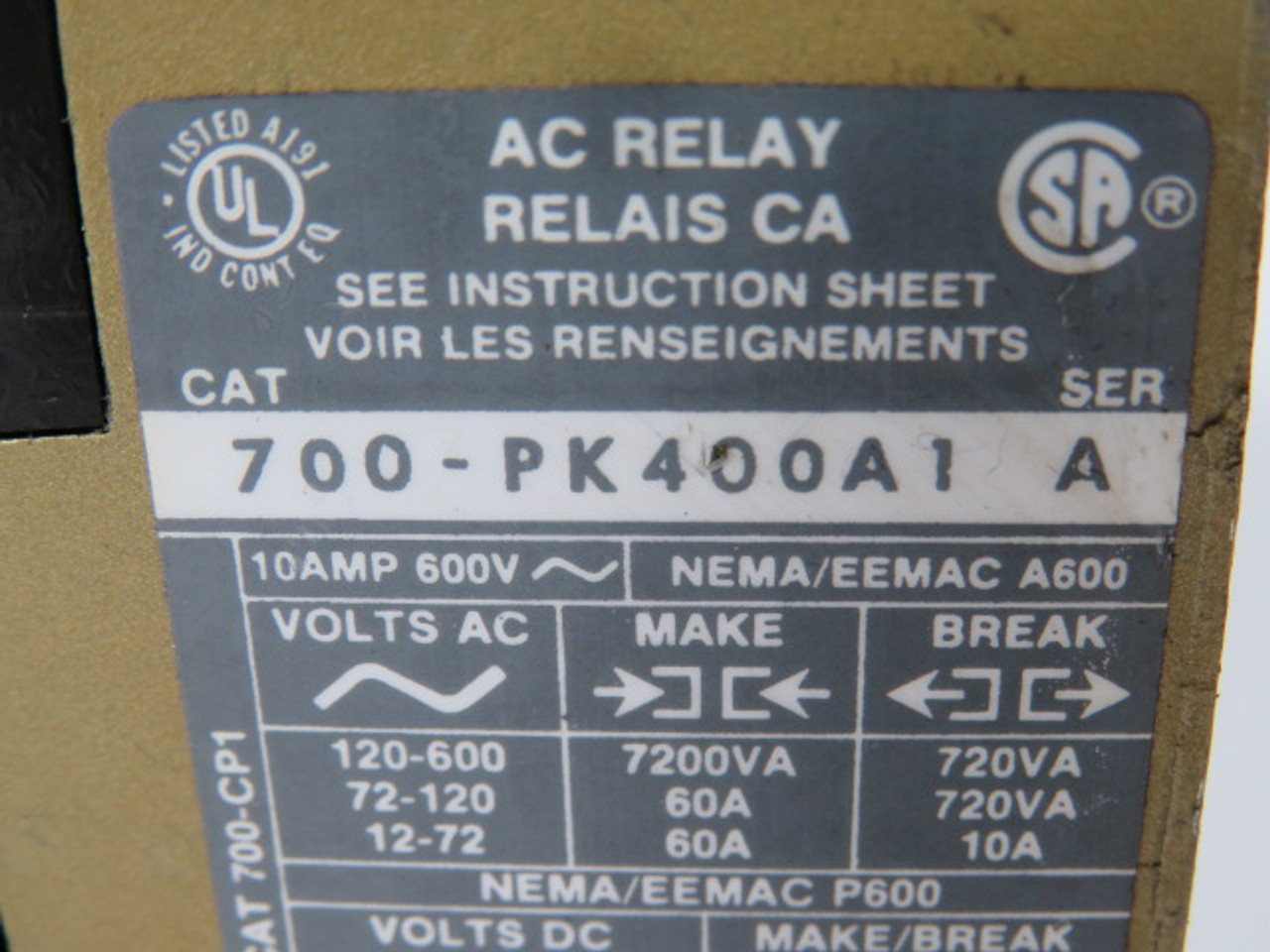 Allen-Bradley 700-PK400A1 Series A AC Relay 115-120V 60HZ 110V 50HZ USED