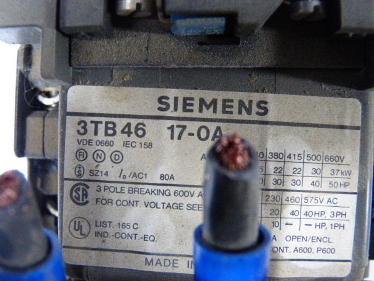 Siemens 3TB4617-0A-N2 Heavy Duty Contactor 3Pole 220/264VAC 50/60Hz USED