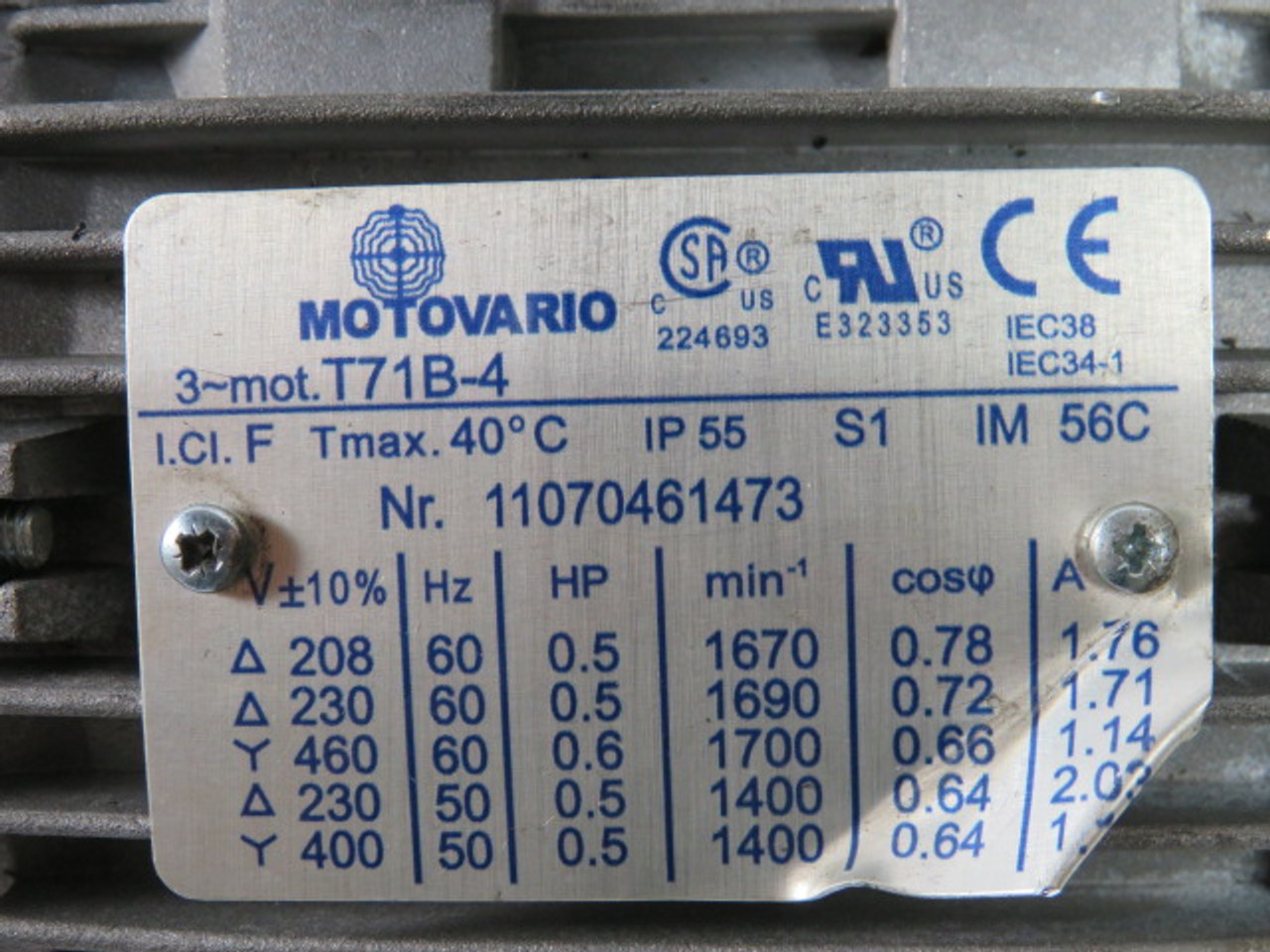 Motovario 0.5HP 1670-1700RPM 208-460V C/W Gear Reducer 10.0:1 Ratio USED