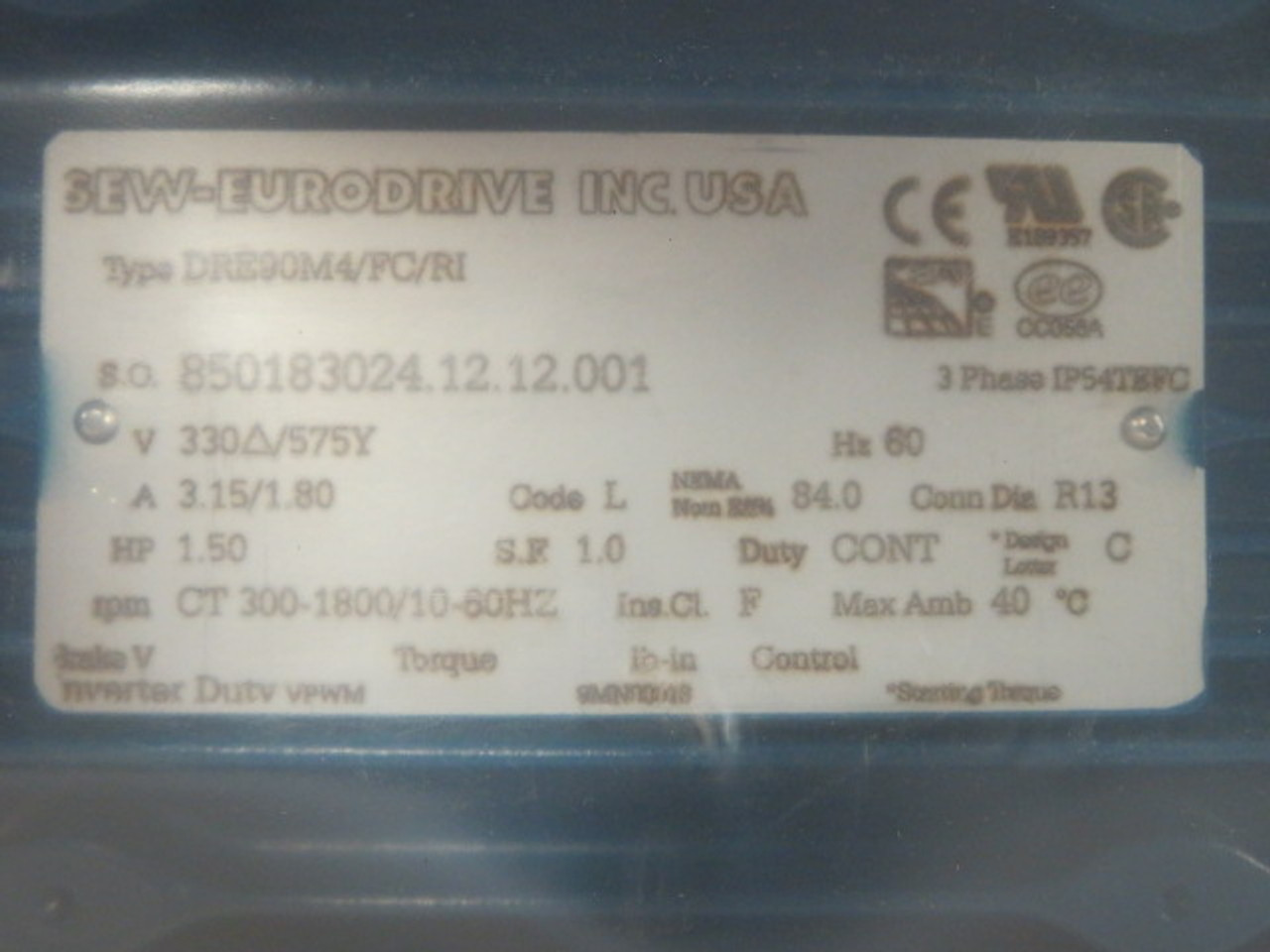 Sew-Eurodrive 1.50Hp 300-1800RPM 330/575V IP54 TEFC 3Ph 3.15/1.80A 60Hz ! NEW !