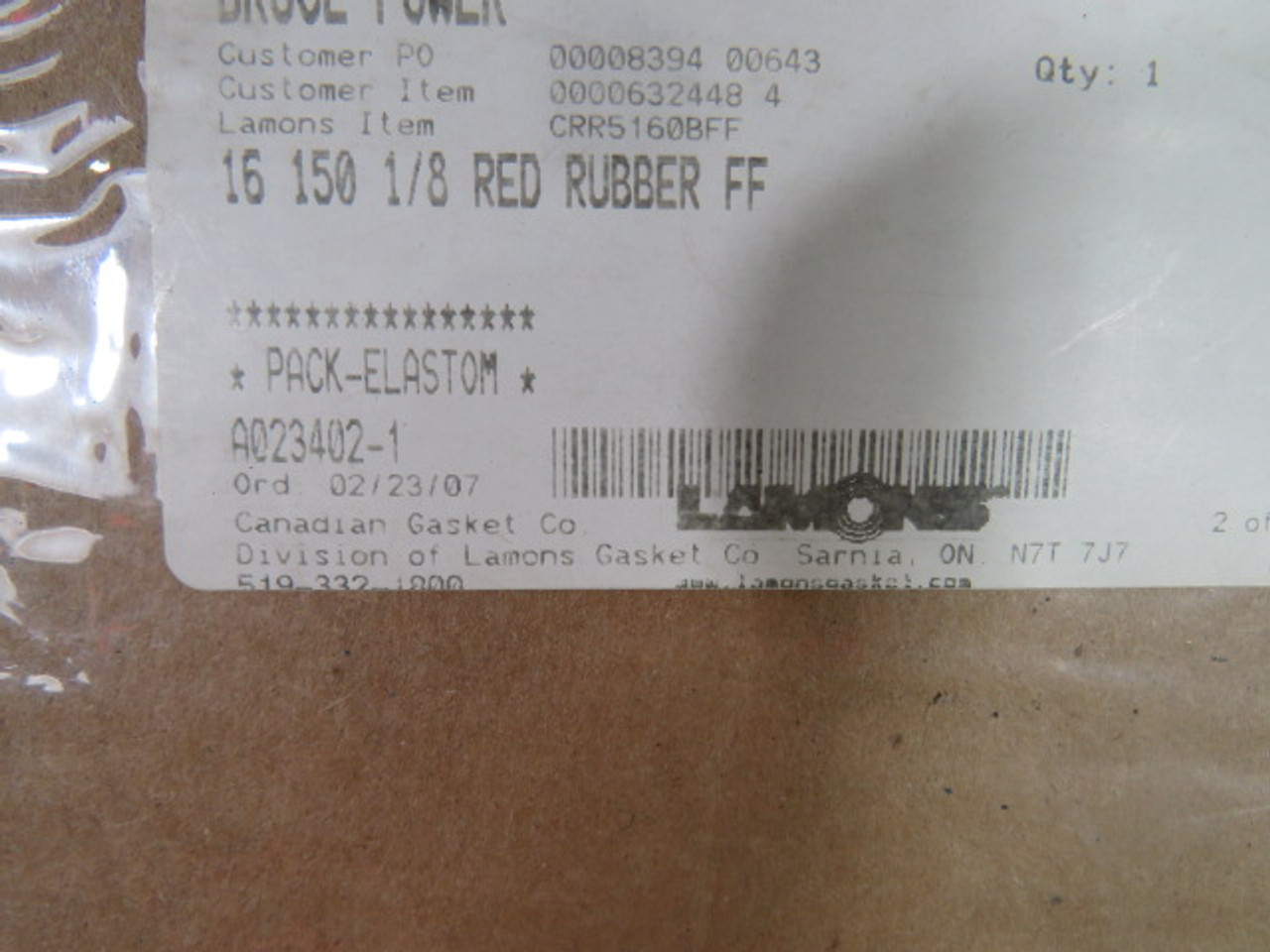 Canadian Gasket CRR5160BFF 16 150 1/8 FF Red Rubber Gasket ! NEW !