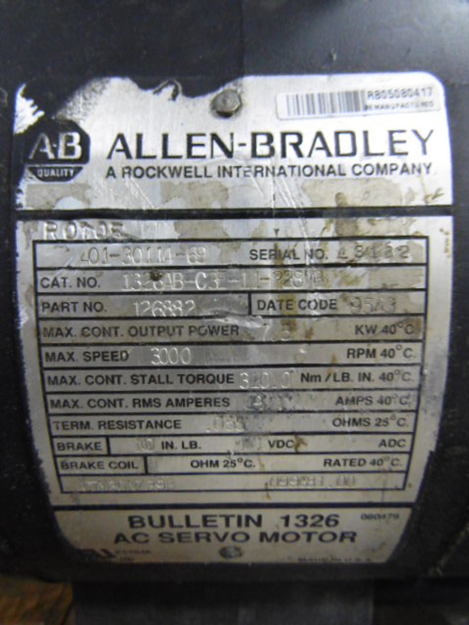 Allen-Bradley 1326AB-C3E-11-2287B Servo Motor 310.0Nm .055Ohm 9.7A USED