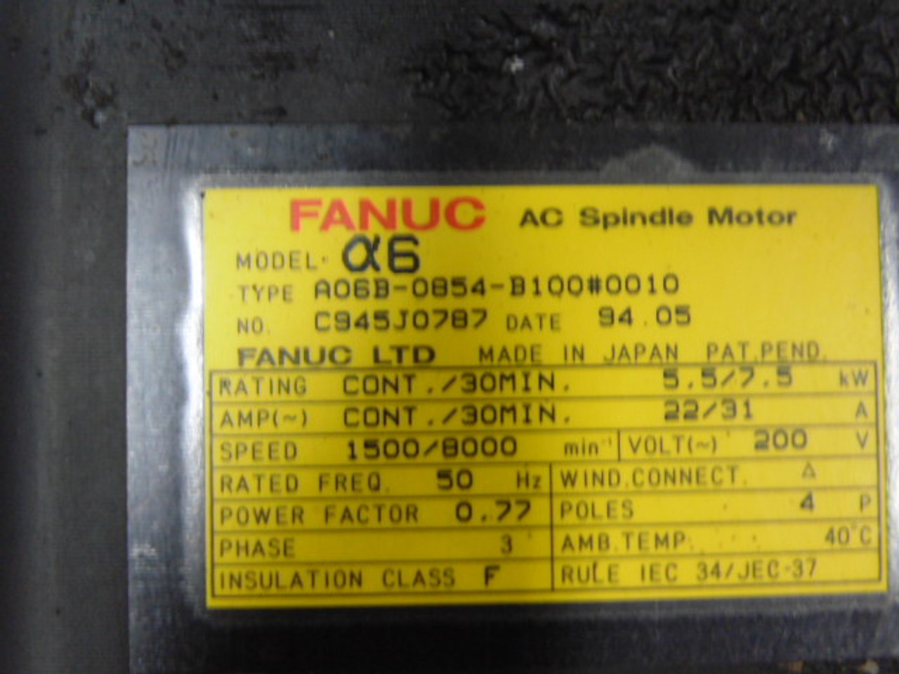 Fanuc AC Spindle Motor 5.5/7.5kW 1500/8000RPM 200V 3Ph 22/31A 50Hz USED