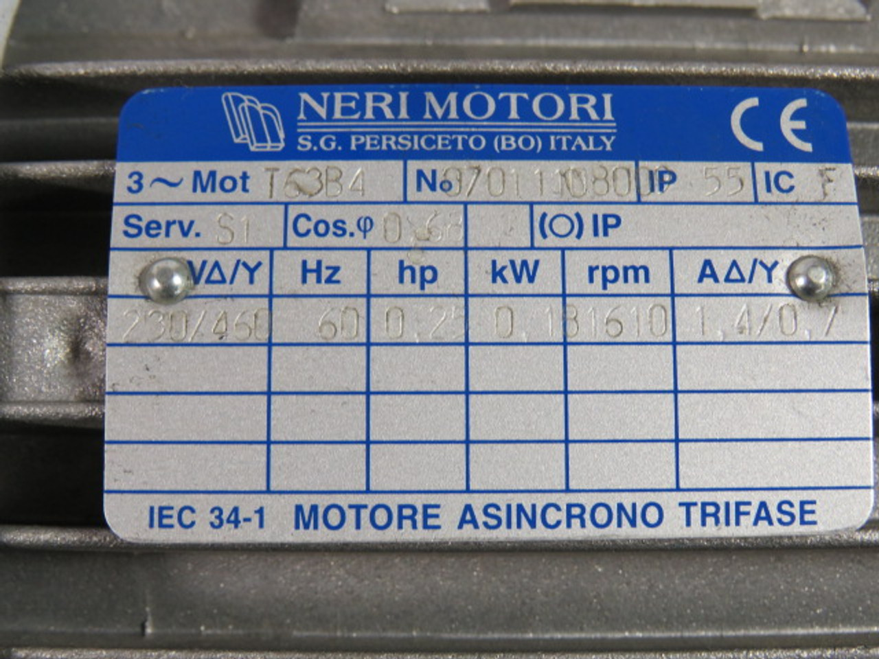 Neri Motor 0.25HP 1610RPM 230/460V TEFC C/W Worm Gearbox 1/10:1 Ratio USED
