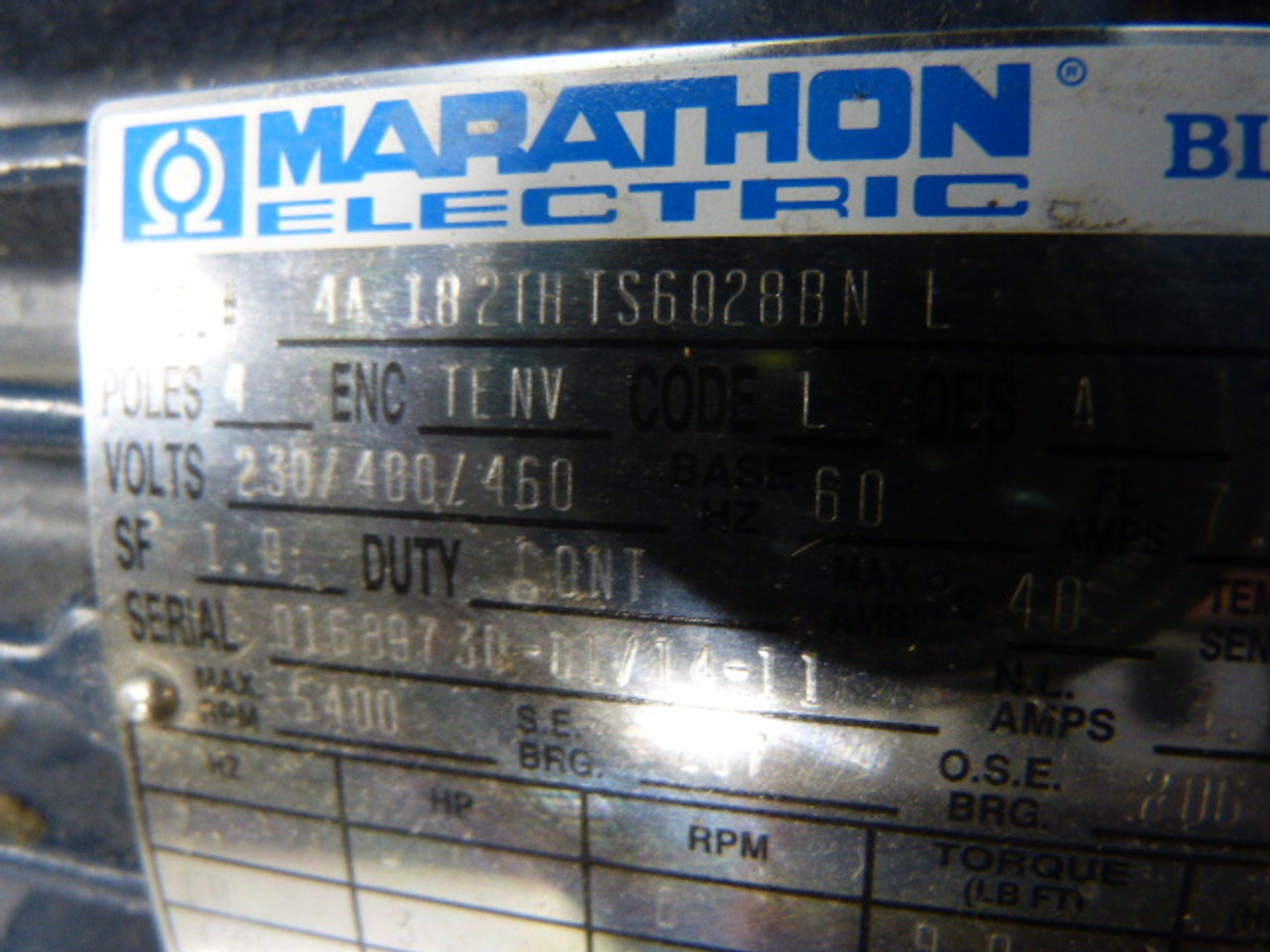 Marathon 3HP 5400RPM 230/400/460V 182TC TENV 3Ph 7.8/4.5/3.9A 60Hz USED