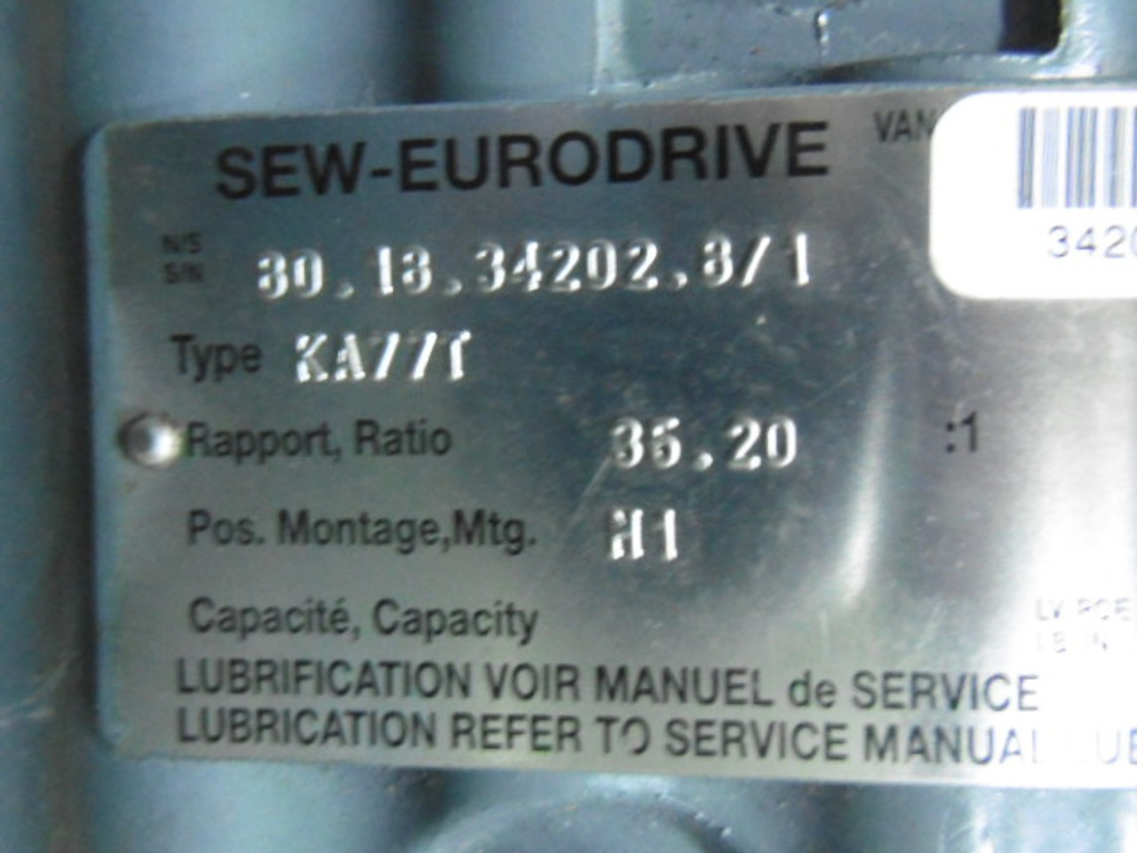 Sew-Eurodrive KA77T Gear Motor 85.20:1 Ratio USED
