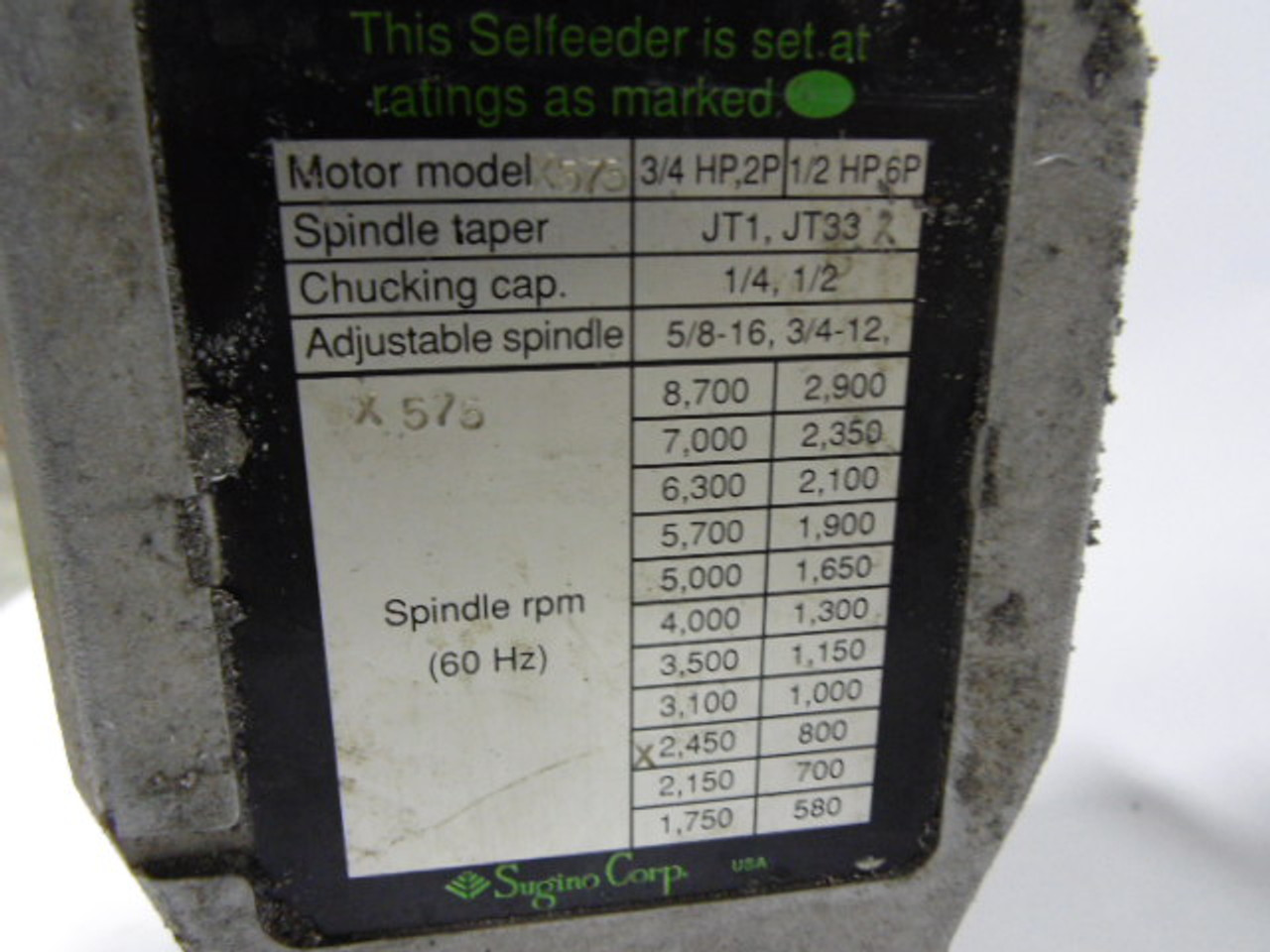 Sugino SN4U Selfeeder Drilling Unit C/W Motor 0.75HP 3420RPM 575V D71GC USED