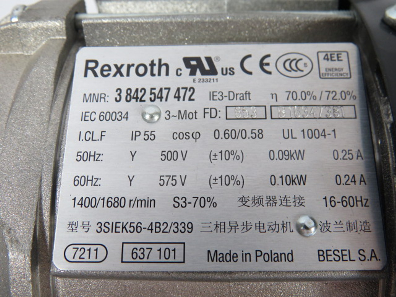 Rexroth 3842547472 Motor 0.10kW 1680RPM 575V TEFC 3Ph 0.24A 60HZ USED