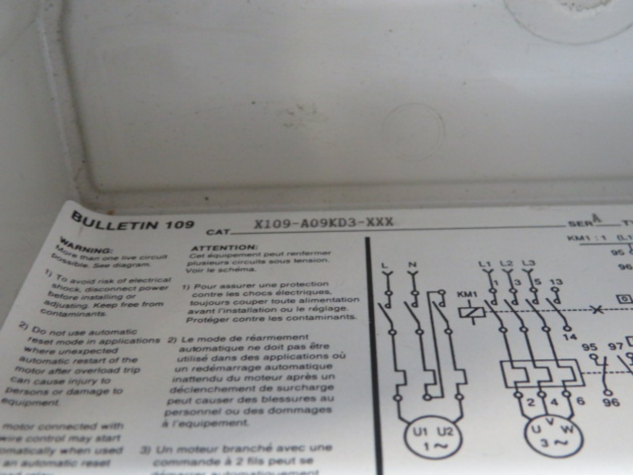 Allen-Bradley X109-A09KD3-XXX Series A Motor Starter Enclosure USED