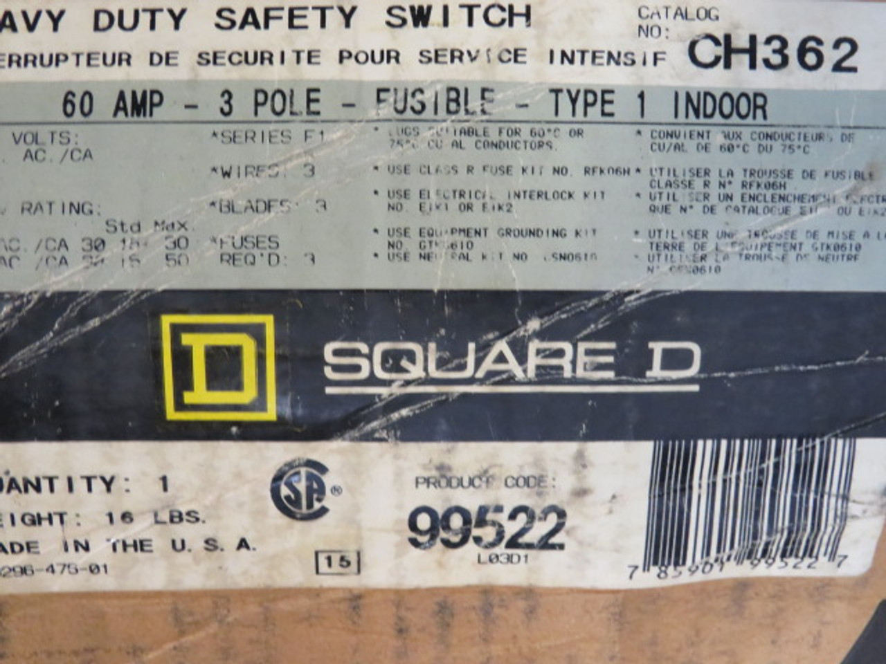 Square D Heavy Duty Safety Switch 15HP@480/600V 3Ph 30HP@480V 60A 3P ! NEW !