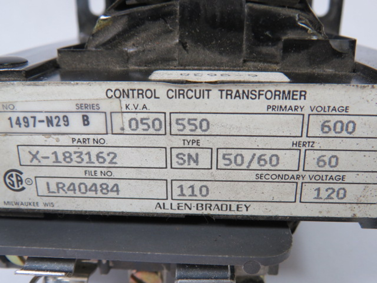 Allen-Bradley 1497-N29 Ser B Transformer .050KVA Pri 600V Sec 120V 60HZ USED