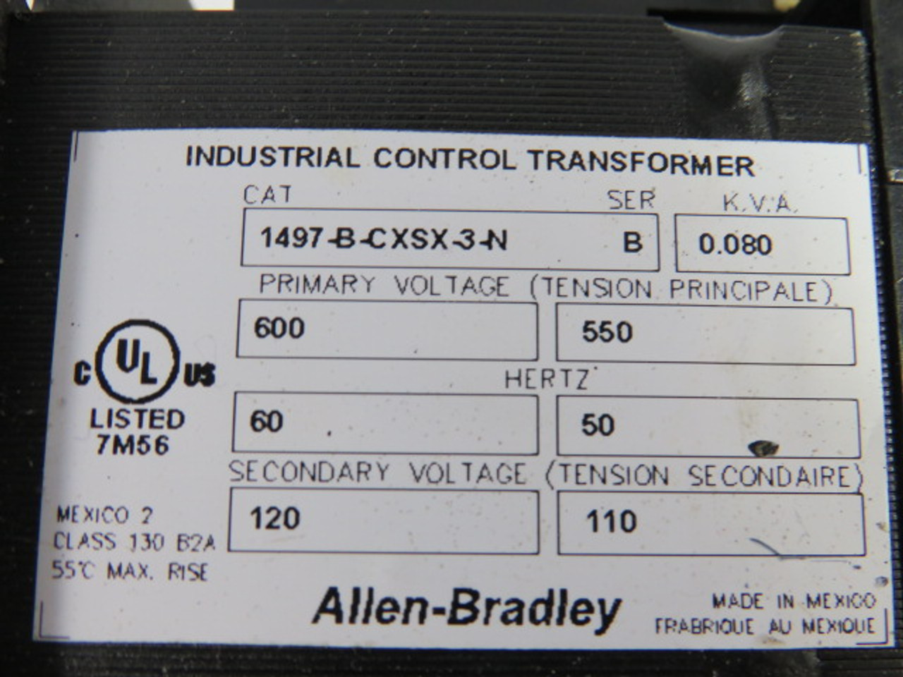 Allen-Bradley 1497-B-CXSX-3-N Transformer 0.080kVA Pri 600V Sec 120V USED