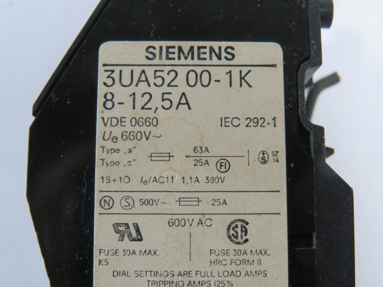 Siemens 3UA52-00-1K Overload relay 8-12.5A 660V USED