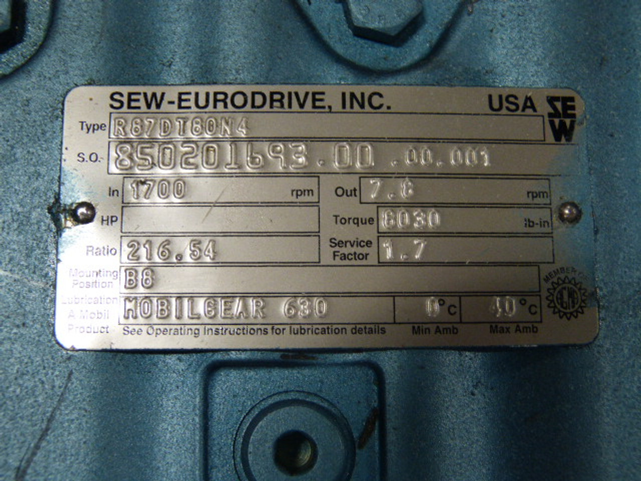 Sew-Eurodrive 1HP 1700RPM 330/575V TEFC 3Ph C/W Gear Box 216.54:1 Ratio USED