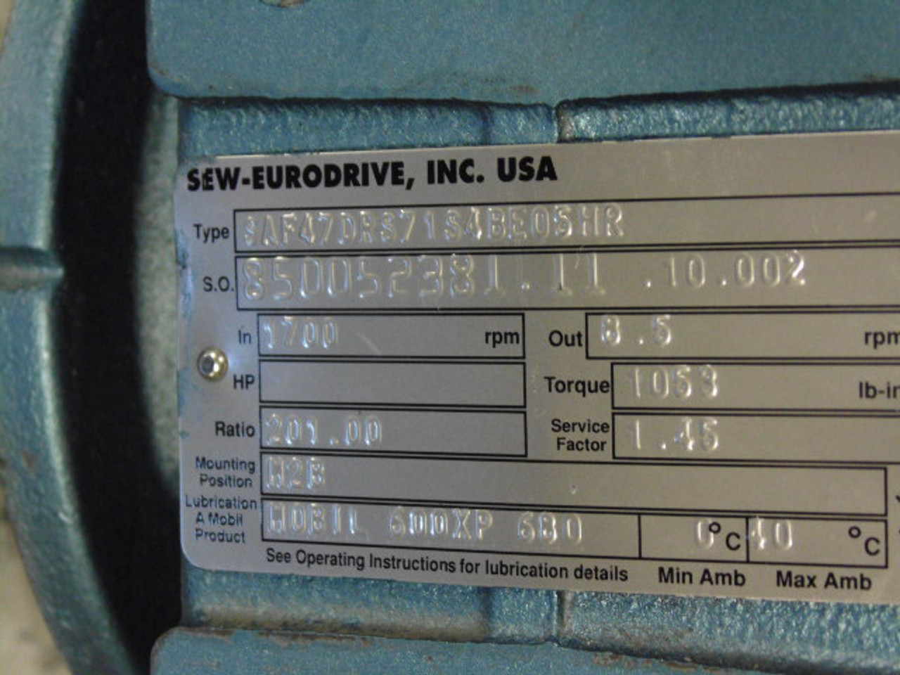 Sew-Eurodrive 0.25HP 1700RPM 230/460V TEFC C/W Gearbox 201.00:1 Ratio USED