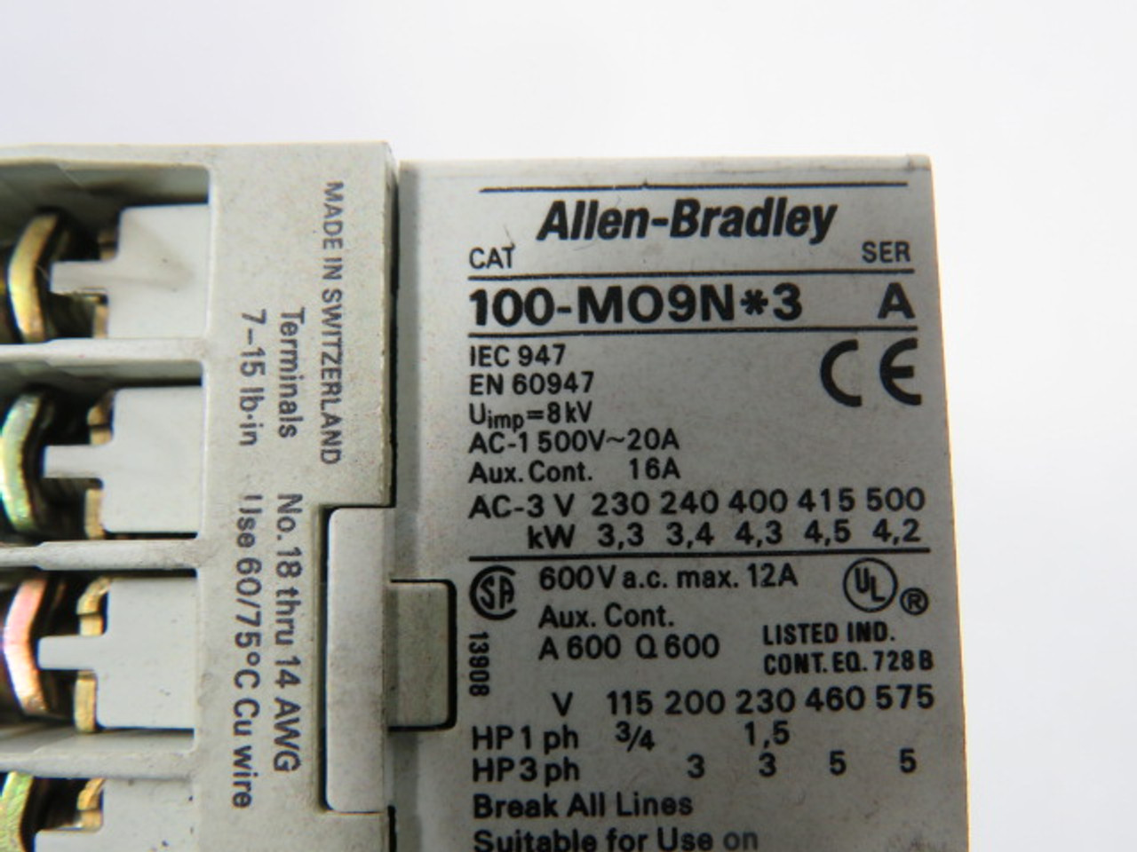 Allen-Bradley 100-M09NZ243 Ser A Contactor 24VDC 9A 1NO 3-5HP USED