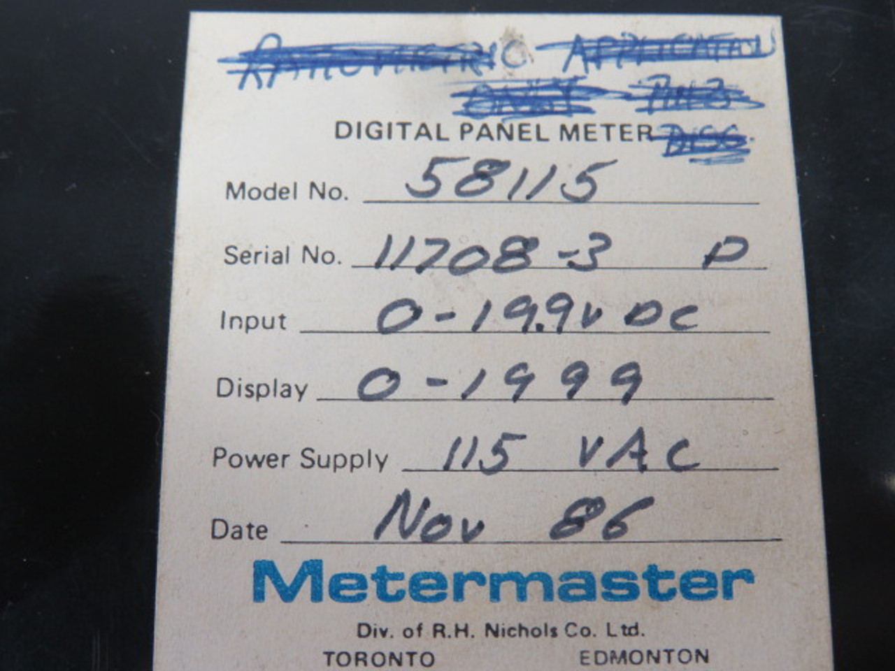 Metermaster 58115 Digital Panel Meter 5-Digit 0-19.9VDC 115VAC USED